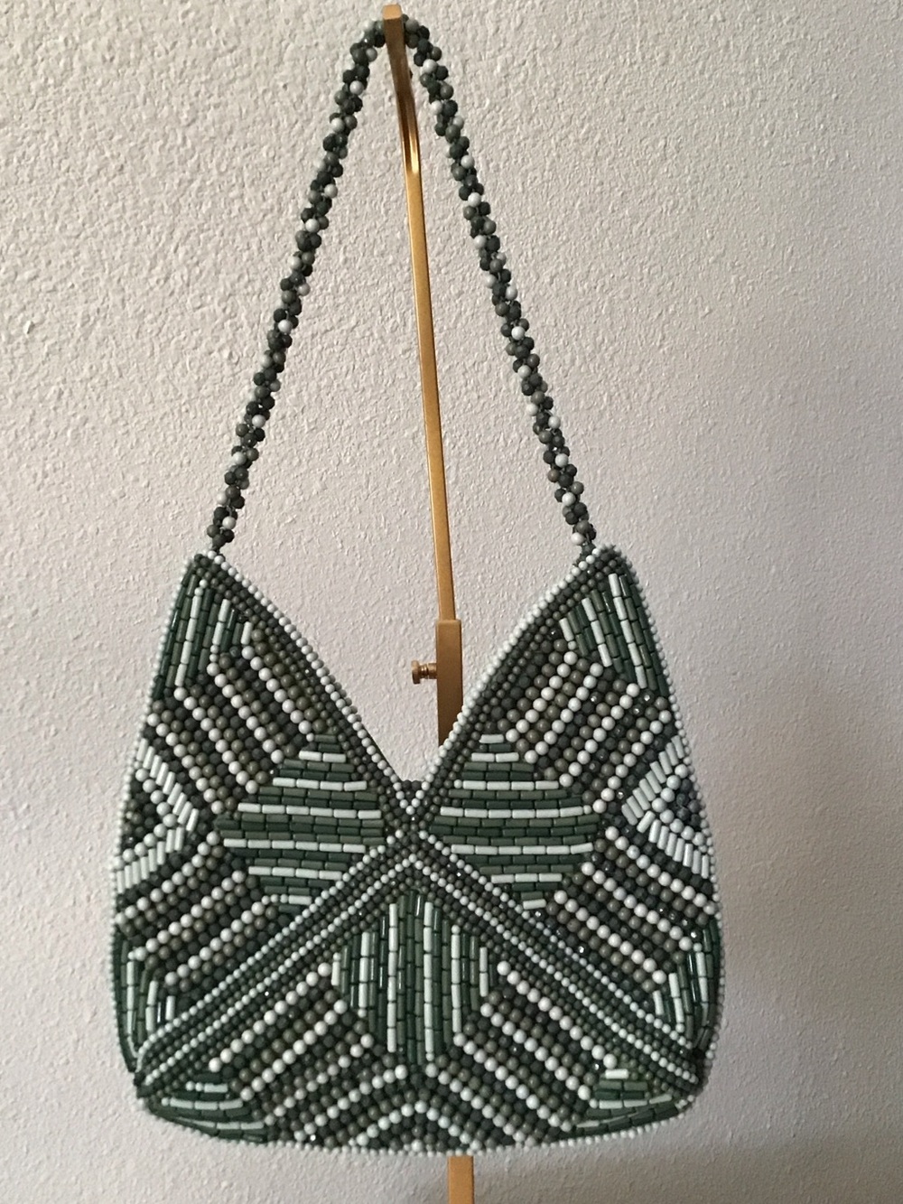 Handcrafted Green Beaded Shoulder Bag with Geometric Detail